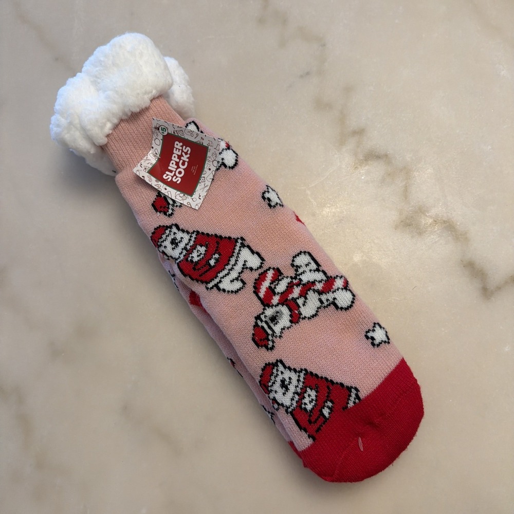 NWT Women's Fleece Lined Slipper Socks Christmas Teddy Bear Santa Pink Red White